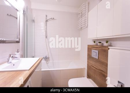 Scoprite la sofisticatezza del moderno design minimalista del bagno con splendidi elementi in legno Foto Stock