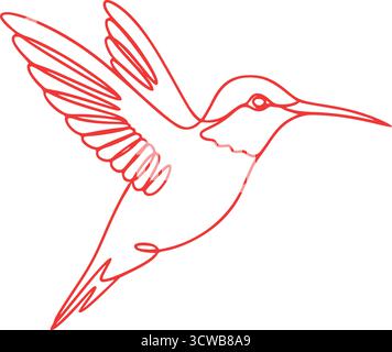 Disegno continuo di colibrì in volo. Arte degli uccelli minimalista, design naturale, elegante creatura alata. Illustrazione Vettoriale