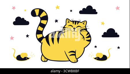 Adorabile gatto a righe arancioni con un'espressione giocosa. Personaggio felino con topi, nuvole e stelle su sfondo bianco. Illustrazione Vettoriale