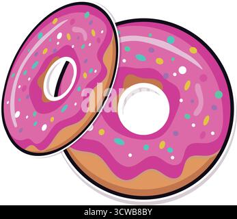 Due illustrazioni di ciambelle rosa, dolci dolci spolverati, grafica di pasticceria. Deliziosi snack dal design colorato. Illustrazione Vettoriale