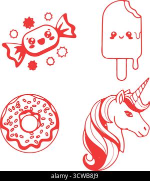 Adorabili dolcetti con caramelle kawaii, gelateria sorridente, ciambelle sprinkles ed elegante testa di unicorno, ideale per i bambini. Illustrazione Vettoriale