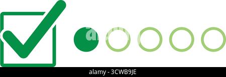 Segno di spunta del concetto di avanzamento, icona dell'indicatore di avanzamento a cinque fasi. La figura del vettore mostra il primo passaggio completato. Percorso di successo, completamento dei risultati, Illustrazione Vettoriale