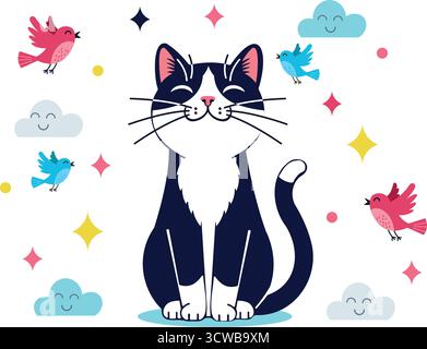Illustrazione gioiosa del personaggio felino. Adorabile gatto da smoking seduto in pace. Uccelli giocosi che volano in giro. Nuvole allegre con volti sorridenti. Brillante Illustrazione Vettoriale