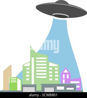 Icona di un UFO in volo sulla città. Illustrazione Vettoriale