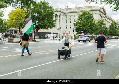 Washington DC, USA - 19/08/2024: Un gruppo di persone sta camminando lungo la strada tenendo le bandiere. Una delle bandiere è di Palestina Foto Stock