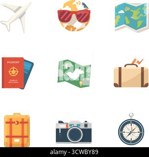 Set di icone viaggio e vacanza: Aereo, passaporto, valigetta, mappa, fotocamera, e bussola in stile cartone animato piatto Illustrazione Vettoriale