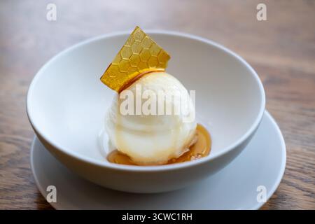 Gelato al miele con condimento, servito in una ciotola bianca Foto Stock