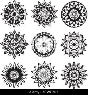 Set di nove disegni floreali Mandala dettagliati Illustrazione Vettoriale