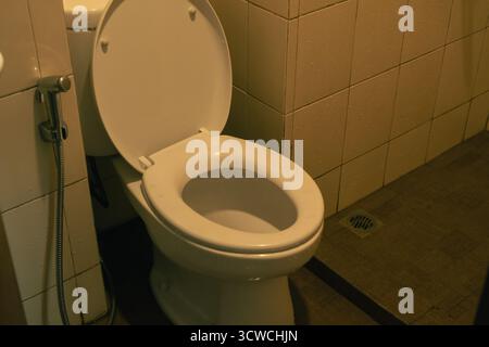 WC bianco pulito con coperchio aperto in Un bagno con pareti piastrellate Foto Stock