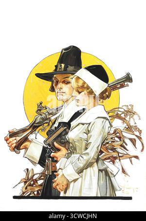 Joseph Christian Leyendecker (americano, 1874 - 1951) - ringraziamento (coppia del Ringraziamento) - (1910) - l'illustrazione raffigura una coppia di pellegrini in piedi vicini. L'uomo, che ha una falda cesellata, indossa un cappello nero con una fibbia e un colletto bianco. Tiene un moschetto in un braccio e ha l'altro braccio intorno alla donna. La donna indossa un semplice cofano bianco e un vestito, e le sue mani sono legate insieme davanti a lei. La coppia è ambientata su un semplice cerchio dorato, che agisce come sfondo simile a un alone. Foto Stock