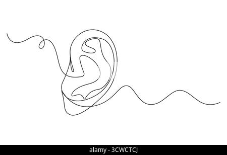 Disegno a una linea di un orecchio umano, contorno orecchio a una linea, disegno continuo orecchio in una linea, stile minimalista, arte a linee continue delle orecchie umane Illustrazione Vettoriale