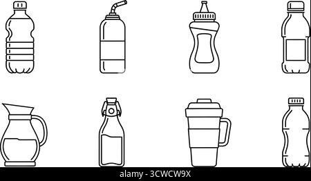 Raccolta di vari flaconi e contenitori per la conservazione di liquidi, che rappresentano forme e dimensioni diverse Illustrazione Vettoriale