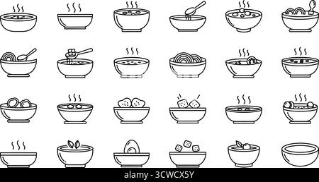 Collezione di ciotole con vari cibi in un semplice stile nero e in linea Illustrazione Vettoriale