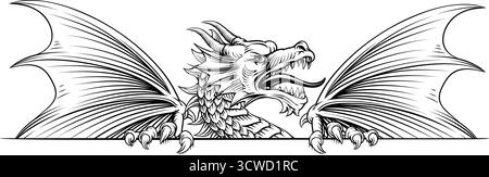 Logo Dragon Sign Banner, design in legno d'epoca medievale Illustrazione Vettoriale