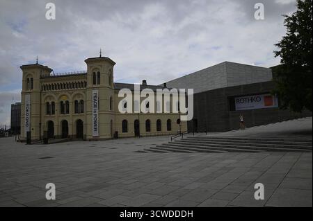 Vista panoramica del Nobel Peace Center, un museo dedicato al Premio Nobel per la Pace sull'altopiano di Brynjulf Bulls a Oslo, Norvegia. Foto Stock