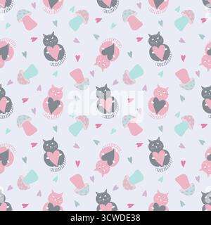 simpatico motivo senza cuciture con gatti e funghi Illustrazione Vettoriale