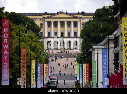 Paesaggio con vista panoramica del Palazzo reale norvegese visto dalla porta Karl Johans di Oslo, Norvegia. Foto Stock
