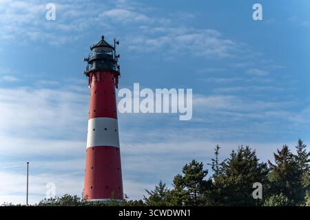 Un faro a strisce rosse e bianche sorge sopra alberi verdi contro un cielo parzialmente nuvoloso. La struttura si erge alta e suggestiva alla luce del sole della costa. Foto Stock