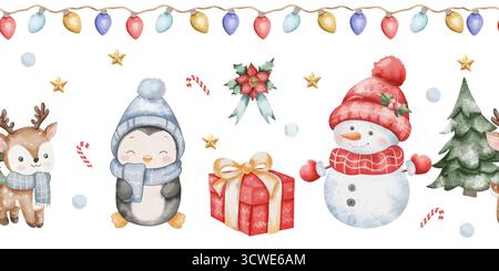 Bordo invernale di acquerello senza cuciture con simpatici personaggi pinguini, pupazzo di neve in cappello rosso, albero di Natale, stella dorata, regalo, poinsettia, colorata ghirlanda chiara, sfondo bianco in stile festivo per i bambini Foto Stock
