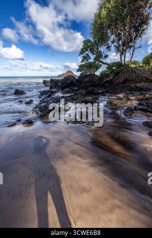Koki Beach a sud di Hana (strada secondaria per Hana) - l'ombra del fotografo in primo piano. Foto Stock