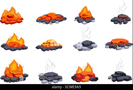 Carboni ardenti. Carbone spento, pile di carboni rossi a combustione calda. Elementi antincendio per camino, forno, fuoco da campeggio o barbecue. Incendi e fumo, sap Illustrazione Vettoriale