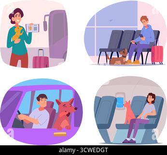 Viaggia con il cane. I proprietari di animali domestici che viaggiano con animali domestici. Animali in scatole di gabbia per avventure di viaggio modello vettoriale esatto opere d'arte originali Illustrazione Vettoriale