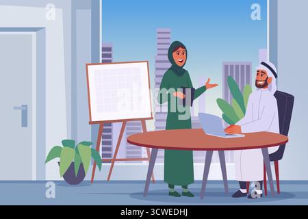 Musulmano in carica. Personaggi commerciali arabi professionisti esatta grafica originale di sfondo vettoriale dei cartoni animati Illustrazione Vettoriale