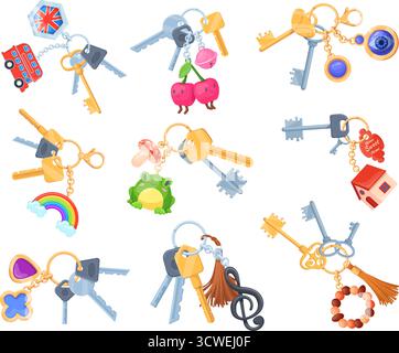 Portachiavi cartoni animati. Mazzo di chiavi con portachiavi, cordoni portachiavi decorazioni ciondoli ciondolo portachiavi anello catena in argento immobiliare nuova casa, Illustrazione Vettoriale