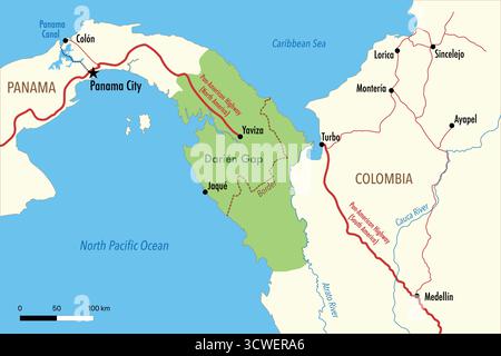 Mappa vettoriale del divario di Darién tra Panama e Colombia che mostra la rottura dell'autostrada Panamericana Illustrazione Vettoriale