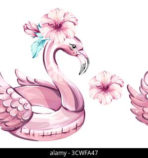Vivace motivo senza cuciture di fenicotteri rosa adornati da fiori di ibisco tropicale per sfondi a tema spiaggia, sfondi e decorazioni festive Illustrazione Vettoriale