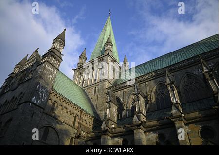 Paesaggio con vista panoramica della Cattedrale di Nidaros in stile romanico gotico, monumento storico religioso a Trondheim, Norvegia. Foto Stock