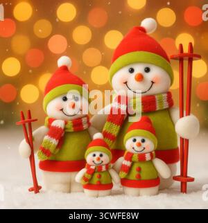 Immagine di una famiglia di tre lussuose statuine di pupazzi di neve con cappelli rossi e sciarpe a righe, in piedi su un terreno innevato su un caldo sfondo bokeh. Foto Stock