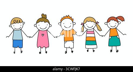 illustrazione di bambini sorridenti che si tengono per mano, simboleggiano gioia, amicizia e unità Foto Stock