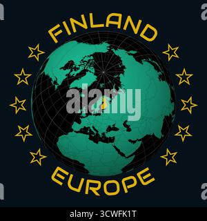 Repubblica di Finlandia su Globe. Arrotondare il testo del nome del paese e del continente. Vista paese sulla mappa del mondo con tavolozza dei colori Black Emerald. Forma Finlandia sulla mappa. Illustrazione Vettoriale