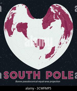 Polo Sud. Mappa del mondo. Proiezione pseudoconica di Bonne a pari area centrata sul Polo Sud. Menta pallida e rosa scuro. Texture vintage. Illustrazione Vettoriale