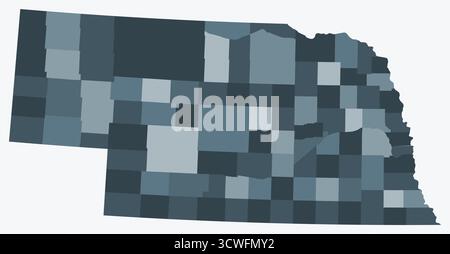 Mappa del Nebraska con le contee. Solo una semplice mappa del confine di stato con la divisione della contea. Tavolozza dei colori blu/grigio. Illustrazione Vettoriale