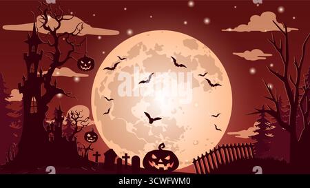 Sfondo gigante con Graveyard, Haunted Tree e Pumpkins Foto Stock