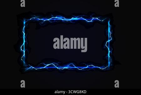 Cornice elettrica al neon astratta illuminata da una luce blu brillante. L'effetto dinamico dei fulmini crea una grafica energica. Perfetto per design futuristici e. Illustrazione Vettoriale