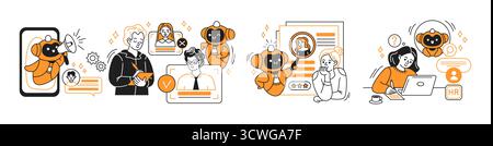 Vettore in stile cartoni animati che mostra IA e umani nel reclutamento. Robot e persone che interagiscono nel moderno processo HR. I colori arancione e nero creano un'atmosfera coinvolgente Illustrazione Vettoriale