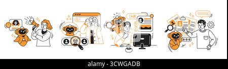 Serie di illustrazioni vettoriali che mostrano diverse scene aziendali. Le persone interagiscono con i robot, cercano candidati e comunicano. Ora Illustrazione Vettoriale