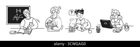 Illustrazione in bianco e nero di quattro studenti impegnati in varie attività di apprendimento. Molti stanno leggendo libri, uno usa un laptop, mentre un altro solv Illustrazione Vettoriale