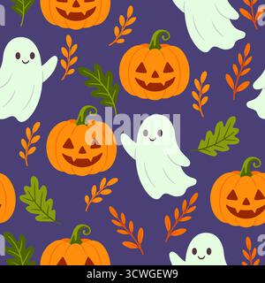 Halloween Ghosts and Pumpkins Seamless Pattern Illustrazione Vettoriale