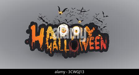 Copertina di buon Halloween, poster, Placard, biglietto d'auguri o invito o modello Web - molti pipistrelli volanti con occhi brillanti sotto il cielo cupo - VECTO Illustrazione Vettoriale