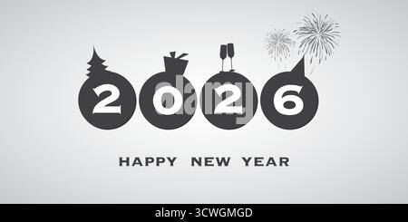 Auguri - stile moderno semplice minimalista ampia scala Happy New Year Card o modello di sfondo copertina per l'anno 2026 - concetto di tipografia rotonda Illustrazione Vettoriale