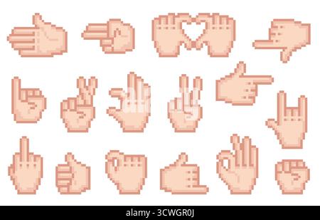 Mani pixel art. Gesti diversi con le dita, icone a 8 bit isolate, risorse di videogiochi rétro, cursori di insegne di armi, pace e puntamento delle dita Illustrazione Vettoriale