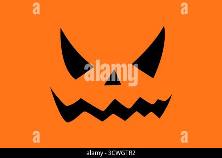 Illustrazione di un sinistro sorriso nero su uno sfondo arancione di una Jack-o'-Lanterna di Halloween. Illustrazione Vettoriale