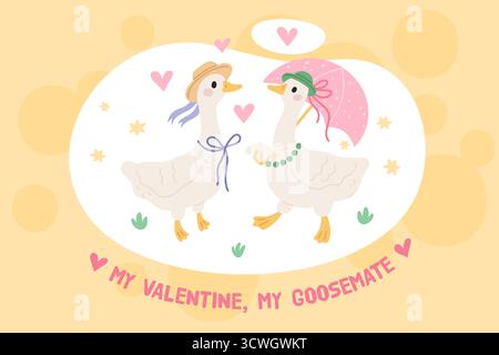 Una coppia di oche innamorata. Graziosi uccelli romantici in graziosi cappelli, simpatici personaggi femminili e maschili, design delle tessere per le vacanze di San Valentino, primo appuntamento, cartoni animati Illustrazione Vettoriale