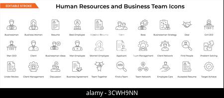 Icone del personale aziendale: CEO, dipendente, curriculum, lavoro di squadra e set di vettori di gestione Illustrazione Vettoriale