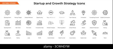 Set di icone per la crescita e la strategia aziendale – Line Style Vector per Finance, Marketing, Startup e lavoro di squadra Illustrazione Vettoriale