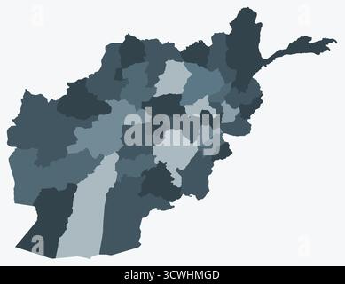 Mappa dell'Afghanistan con regioni. Una semplice mappa di confine con la divisione della regione. Tavolozza dei colori blu-grigio. Illustrazione Vettoriale